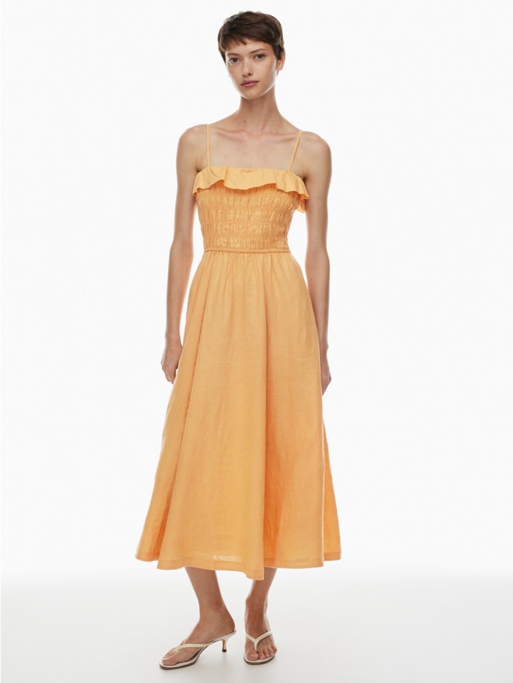 ARITZIA Wilfred Peach Portea Linen Dress Smocked Ruffle Strap Midi Size XS